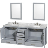 Wyndham WCS141480DGYCMUNOM24 Sheffield 80 Inch Double Bathroom Vanity in Gray, White Carrara Marble Countertop, Undermount Oval Sinks, and 24 Inch Mirrors