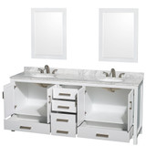 Wyndham WCS141480DWHCMUNOM24 Sheffield 80 Inch Double Bathroom Vanity in White, White Carrara Marble Countertop, Undermount Oval Sinks, and 24 Inch Mirrors