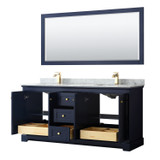 Wyndham WCV232372DBLCMUNSM70 Avery 72 Inch Double Bathroom Vanity in Dark Blue, White Carrara Marble Countertop, Undermount Square Sinks, and 70 Inch Mirror