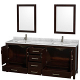 Wyndham WCS141480DESCMUNSM24 Sheffield 80 Inch Double Bathroom Vanity in Espresso, White Carrara Marble Countertop, Undermount Square Sinks, and 24 Inch Mirrors