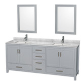 Wyndham WCS141480DGYCMUNSM24 Sheffield 80 Inch Double Bathroom Vanity in Gray, White Carrara Marble Countertop, Undermount Square Sinks, and 24 Inch Mirrors