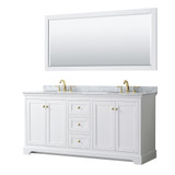 Wyndham WCV232372DWGCMUNOM70 Avery 72 Inch Double Bathroom Vanity in White, White Carrara Marble Countertop, Undermount Oval Sinks, 70 Inch Mirror, Brushed Gold Trim