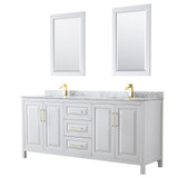 Wyndham WCV252580DWGCMUNSM24 Daria 80 Inch Double Bathroom Vanity in White, White Carrara Marble Countertop, Undermount Square Sinks, 24 Inch Mirrors, Brushed Gold Trim