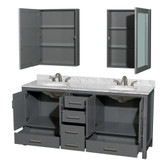Wyndham WCS141472DKGCMUNOMED Sheffield 72 Inch Double Bathroom Vanity in Dark Gray, White Carrara Marble Countertop, Undermount Oval Sinks, and Medicine Cabinets