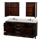 Wyndham WCS141472DESCMUNOMED Sheffield 72 Inch Double Bathroom Vanity in Espresso, White Carrara Marble Countertop, Undermount Oval Sinks, and Medicine Cabinets