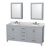 Wyndham WCS141472DGYCMUNOMED Sheffield 72 Inch Double Bathroom Vanity in Gray, White Carrara Marble Countertop, Undermount Oval Sinks, and Medicine Cabinets
