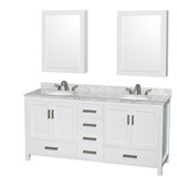 Wyndham WCS141472DWHCMUNOMED Sheffield 72 Inch Double Bathroom Vanity in White, White Carrara Marble Countertop, Undermount Oval Sinks, and Medicine Cabinets