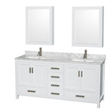 Wyndham WCS141472DWHCMUNSMED Sheffield 72 Inch Double Bathroom Vanity in White, White Carrara Marble Countertop, Undermount Square Sinks, and Medicine Cabinets