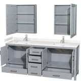 Wyndham WCS141480DGYC2UNSMED Sheffield 80 Inch Double Bathroom Vanity in Gray, Carrara Cultured Marble Countertop, Undermount Square Sinks, Medicine Cabinets