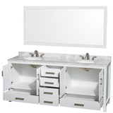 Wyndham WCS141480DWHCMUNOM70 Sheffield 80 Inch Double Bathroom Vanity in White, White Carrara Marble Countertop, Undermount Oval Sinks, and 70 Inch Mirror
