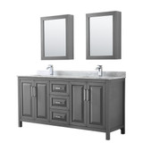 Wyndham WCV252572DKGCMUNSMED Daria 72 Inch Double Bathroom Vanity in Dark Gray, White Carrara Marble Countertop, Undermount Square Sinks, and Medicine Cabinets