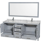 Wyndham  WCS141480DGYCMUNSM70 Sheffield 80 Inch Double Bathroom Vanity in Gray, White Carrara Marble Countertop, Undermount Square Sinks, and 70 Inch Mirror