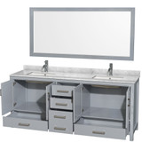 Wyndham WCS141480DGYCMUNSM70 Sheffield 80 Inch Double Bathroom Vanity in Gray, White Carrara Marble Countertop, Undermount Square Sinks, and 70 Inch Mirror