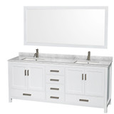Wyndham WCS141480DWHCMUNSM70 Sheffield 80 Inch Double Bathroom Vanity in White, White Carrara Marble Countertop, Undermount Square Sinks, and 70 Inch Mirror