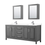 Wyndham WCV252580DKGWCUNSMED Daria 80 Inch Double Bathroom Vanity in Dark Gray, White Cultured Marble Countertop, Undermount Square Sinks, Medicine Cabinets