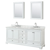Wyndham WCS202080DWHCMUNOMED Deborah 80 Inch Double Bathroom Vanity in White, White Carrara Marble Countertop, Undermount Oval Sinks, and Medicine Cabinets