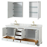 Wyndham WCS202080DWGCMUNOMED Deborah 80 Inch Double Bathroom Vanity in White, White Carrara Marble Countertop, Undermount Oval Sinks, Brushed Gold Trim, Medicine Cabinets