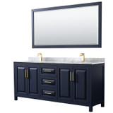 Wyndham WCV252580DBLCMUNSM70 Daria 80 Inch Double Bathroom Vanity in Dark Blue, White Carrara Marble Countertop, Undermount Square Sinks, 70 Inch Mirror