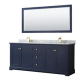 Wyndham WCV232380DBLCMUNSM70 Avery 80 Inch Double Bathroom Vanity in Dark Blue, White Carrara Marble Countertop, Undermount Square Sinks, and 70 Inch Mirror