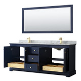 Wyndham WCV232380DBLCMUNSM70 Avery 80 Inch Double Bathroom Vanity in Dark Blue, White Carrara Marble Countertop, Undermount Square Sinks, and 70 Inch Mirror