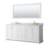 Wyndham WCV232380DWGCMUNOM70 Avery 80 Inch Double Bathroom Vanity in White, White Carrara Marble Countertop, Undermount Oval Sinks, 70 Inch Mirror, Brushed Gold Trim