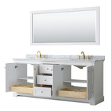 Wyndham WCV232380DWGCMUNOM70 Avery 80 Inch Double Bathroom Vanity in White, White Carrara Marble Countertop, Undermount Oval Sinks, 70 Inch Mirror, Brushed Gold Trim