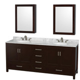 Wyndham WCS141480DESCMUNOMED Sheffield 80 Inch Double Bathroom Vanity in Espresso, White Carrara Marble Countertop, Undermount Oval Sinks, and Medicine Cabinets