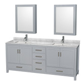 Wyndham WCS141480DGYCMUNSMED Sheffield 80 Inch Double Bathroom Vanity in Gray, White Carrara Marble Countertop, Undermount Square Sinks, and Medicine Cabinets