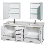 Wyndham WCS141480DWHCMUNSMED Sheffield 80 Inch Double Bathroom Vanity in White, White Carrara Marble Countertop, Undermount Square Sinks, and Medicine Cabinets