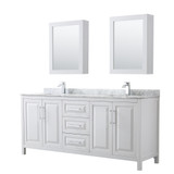 Wyndham WCV252580DWHCMUNSMED Daria 80 Inch Double Bathroom Vanity in White, White Carrara Marble Countertop, Undermount Square Sinks, and Medicine Cabinets