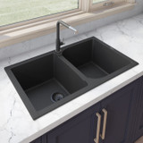 Ruvati 34 x 20 inch epiGranite Undermount or Drop-in Granite Composite Double Bowl Kitchen Sink - Midnight Black - RVG1319BK