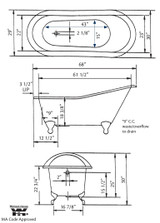 Cheviot 2132-WW-WH SLIPPER Cast Iron Bathtub with Continuous Rolled Rim - 68" x 30" x 30" w/ White Feet