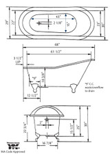 Cheviot 2134-WC-6-PN SLIPPER Cast Iron Bathtub with Faucet Holes - 68" x 30" x 30" w/ Polished Nickel Feet