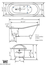 Cheviot 2159-WW-6-AB SLIPPER Cast Iron Bathtub with Faucet Holes - 61" x 30" x 30" w/ Antique Bronze Feet