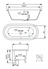 Cheviot  2180-WC-6-PB REGAL Cast Iron Bathtub with Faucet Holes and Shaughnessy Feet - 70" x 32" x 26" w/ Polished Brass Feet