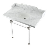 Kingston Brass LMS3630MA6 Pemberton 36" Carrara Marble Console Sink with Acrylic Legs, Marble White/Polished Nickel