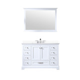 Lexora Dukes 48" White Single Vanity Cabinet, White Quartz Top, White Square Sink and 46" Mirror w/ Faucet