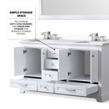 Lexora Dukes 60" White Double Vanity Cabinet, White Quartz Top, White Square Sinks and 58" Mirror w/ Faucets