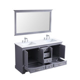 Lexora  LD342260DBWQM58F Dukes 60" Dark Grey Double Vanity, White Quartz Top, White Square Sinks and 58" Mirror w/ Faucets