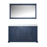 Lexora LD342260DEWQM58 Dukes 60" Navy Blue Double Vanity Cabinet, White Quartz Top, White Square Sinks and 58" Mirror