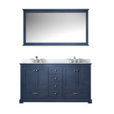Lexora Dukes 60" Navy Blue Double Vanity Cabinet, White Quartz Top, White Square Sinks and 58" Mirror w/ Faucets