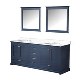Lexora LD342280DEWQM30 Dukes 80" Navy Blue Double Vanity Cabinet, White Quartz Top, White Square Sinks and 30" Mirrors
