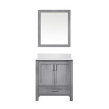 Lexora LJ342230SDWQM28 Jacques 30" Distressed Grey Single Vanity Cabinet, White Quartz Top, White Square Sink and 28" Mirror