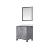 Lexora Jacques 30" Distressed Grey Single Vanity Cabinet, White Quartz Top, White Square Sink and 28" Mirror
