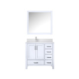 Lexora Jacques 36" White Single Vanity Cabinet, White Quartz Top, White Square Sink and 34" Mirror w/ Faucet - Left Version