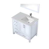 Lexora  LJ342236SAWQM34FR Jacques 36" White Single Vanity, White Quartz Top, White Square Sink and 34" Mirror w/ Faucet - Right Version