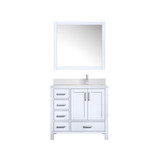Lexora Jacques 36" White Single Vanity Cabinet, White Quartz Top, White Square Sink and 34" Mirror w/ Faucet - Right Version