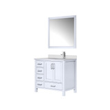 Lexora Jacques 36" White Single Vanity Cabinet, White Quartz Top, White Square Sink and 34" Mirror w/ Faucet - Right Version