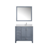 Lexora Jacques 36" Dark Grey Single Vanity Cabinet, White Quartz Top, White Square Sink and 34" Mirror w/ Faucet - Right Version