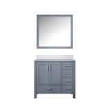 Lexora Jacques 36" Dark Grey Single Vanity Cabinet, White Quartz Top, White Square Sink and 34" Mirror - Left Version